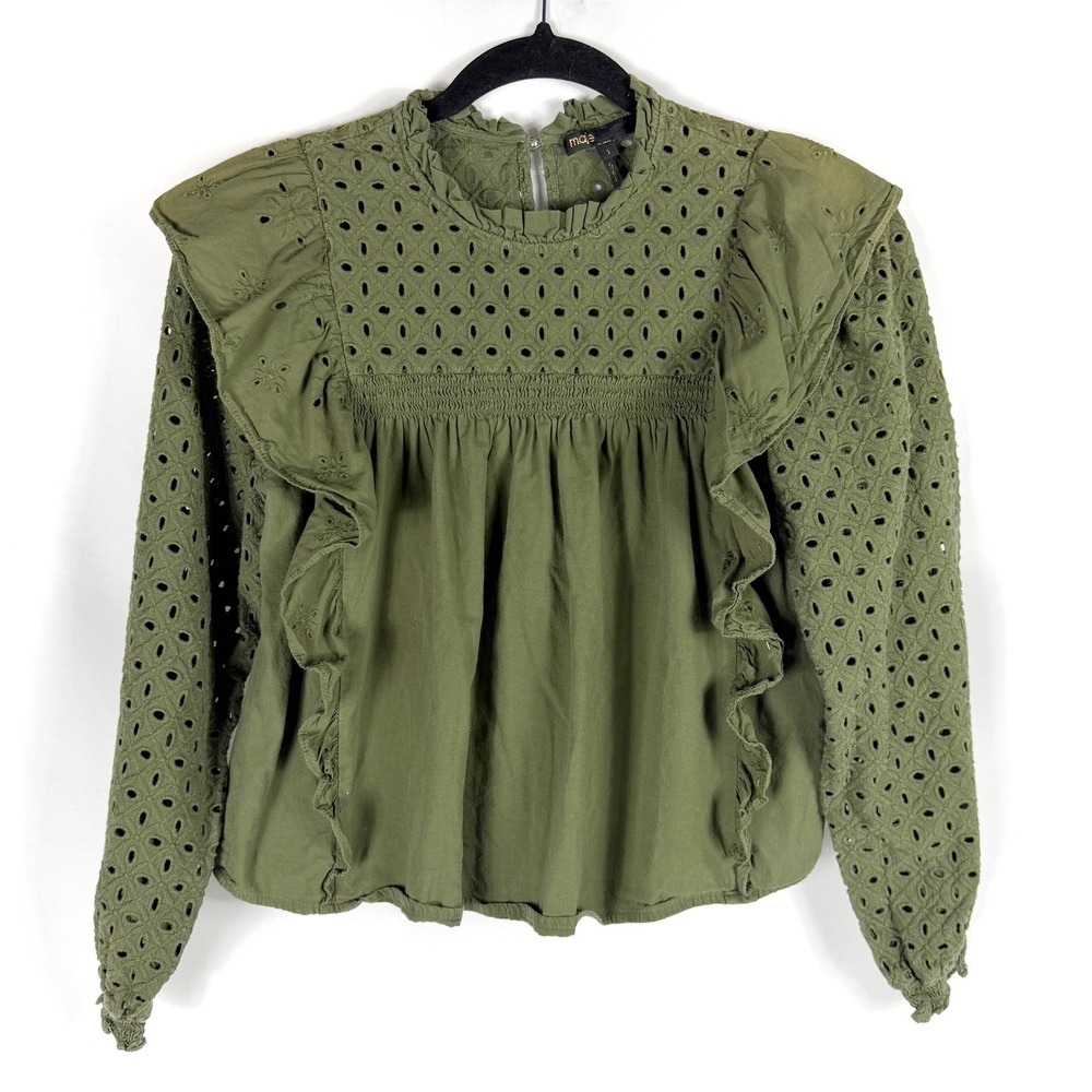Maje Linode Eyelet Ruffle Blouse Green Long Sleeve Top Sz 1 FR / 4 US - Picture 4 of 11